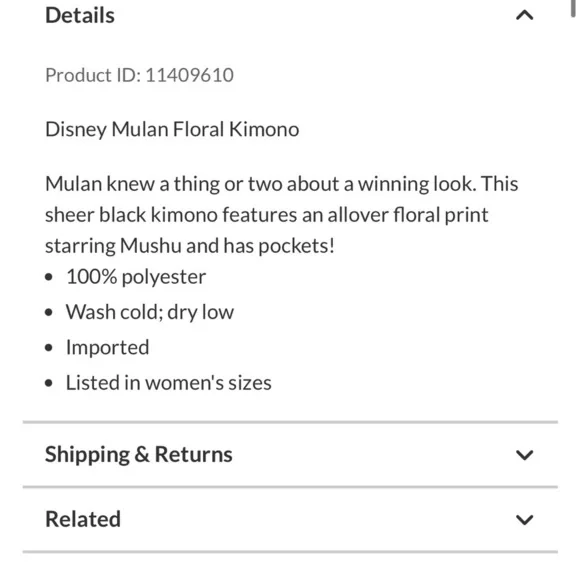 Disney Black Sheer Mulan Kimono - Picture 9 of 9